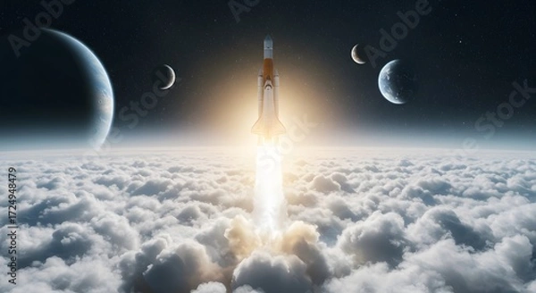 Obraz Rocket launch over clouds and planets