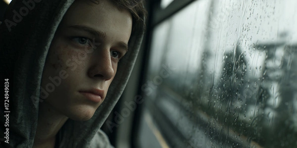 Obraz Cinematic emotional portrait of a melancholic teen boy on rainy train. Hyper-realistic close-up of a teenage boy in a hoodie staring out a rainy train window, lost in thought. Generative Ai.