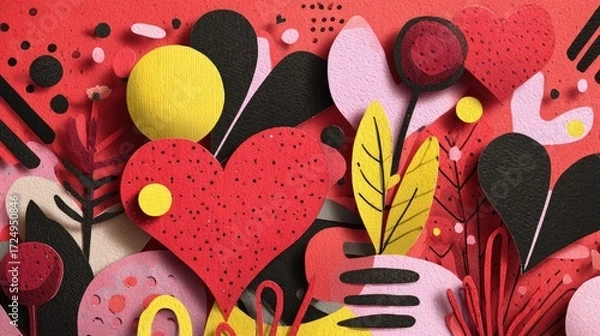 Fototapeta Layered Papercraft Garden of Love with Textured Hearts and Abstract Flora