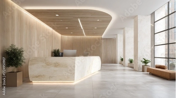 Fototapeta Modern Reception Area with Natural Wood Accents and Soft Ambient Lighting