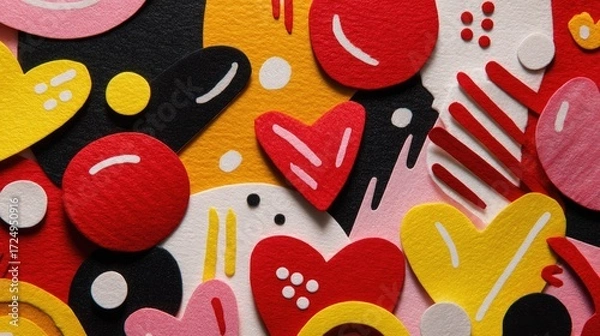 Fototapeta Vibrant Felt Abstract: Layered Hearts, Shapes & Textures in Red, Yellow, and Black