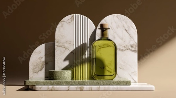 Fototapeta Elegant Olive Oil Bottle on Marble Display, Minimalist Composition, Soft Lighting.