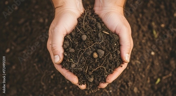 Fototapeta A person's cupped hands holding a handful of dark, fertile soil, a symbol of agriculture and environmental care