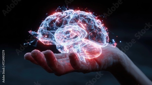 Fototapeta Luminous Brain:  Digital Art of a Hand Gently Holding a Networked, Glowing Brain