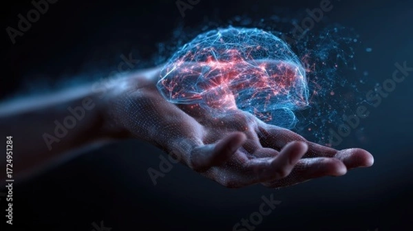 Fototapeta Digital Brain Hologram Held in a Hand, Futuristic Concept