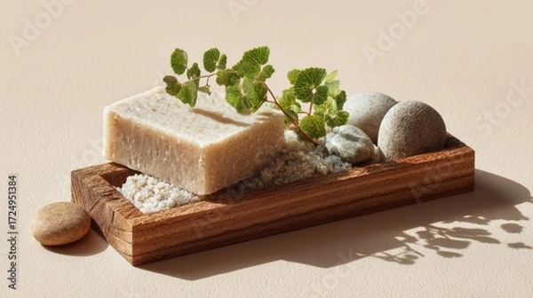 Fototapeta Natural Soap Bar with Greenery and Smooth Stones on Wooden Tray, Serene Spa Ambiance