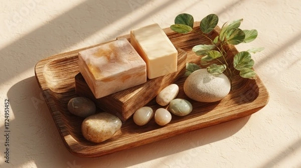 Fototapeta Sunlit Spa Still Life with Artisan Soap, Pebbles, and Greenery on a Textured Wood Tray