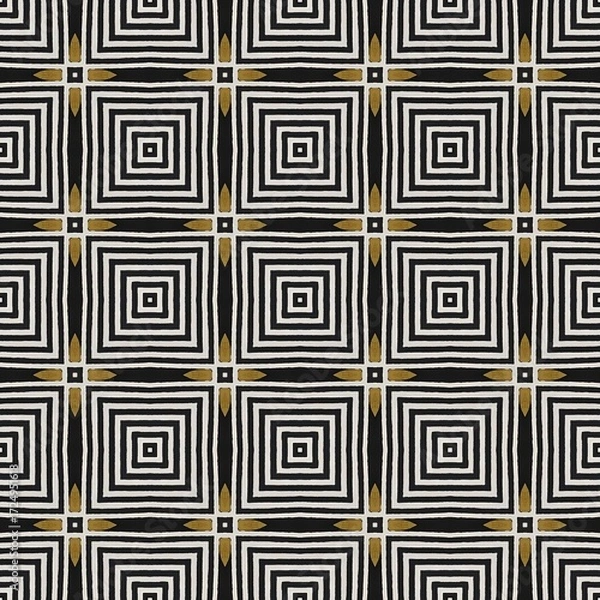 Fototapeta Black tile with an abstract geometric seamless pattern for retro textile wallpaper design and decoration
