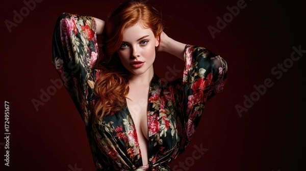 Fototapeta Fiery Redhead with Piercing Blue Eyes Posing Sensually in a Dark Floral Robe