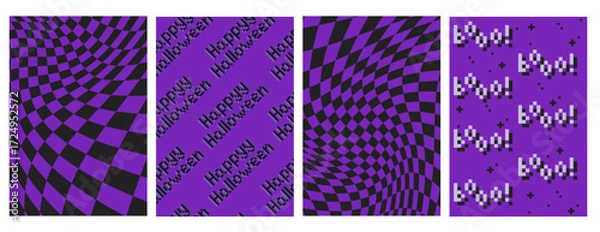 Obraz Halloween y2k aesthetic backgrounds with purple and black distorted checkerboard patterns and pixel text phrases. Retro digital designs for spooky season with warped grids and nostalgic computer style