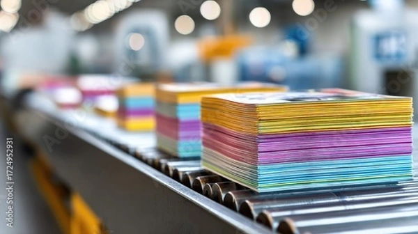 Fototapeta Vibrant Printed Stacks on Industrial Conveyor Belt in Modern Printing Factory