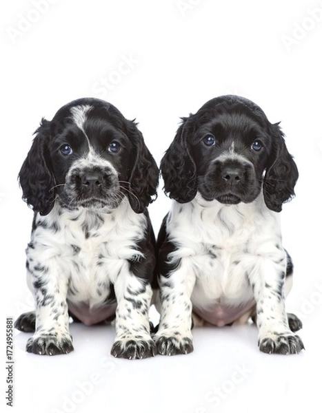 Obraz Two black and white puppies sitting close together