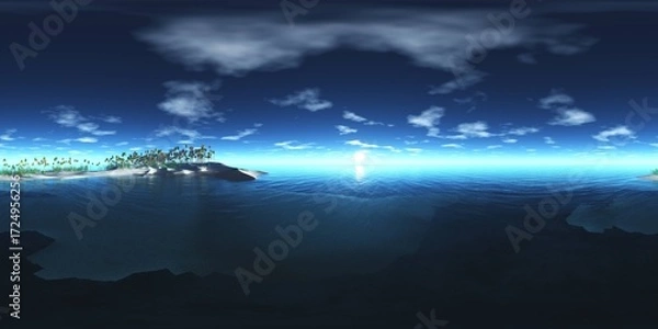 Obraz HDRI High resolution map, environment map, Round panorama, spherical panorama, equidistant projection, sea sunset, panoramic, 3D rendering. Sunset over a tropical island 