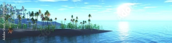 Obraz Beautiful beach with palm trees at sunset, panorama of a tropical landscape, sea sunset,
3d rendering