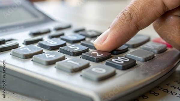 Fototapeta Finger pressing calculator button highlights pressure of calculating price accurately