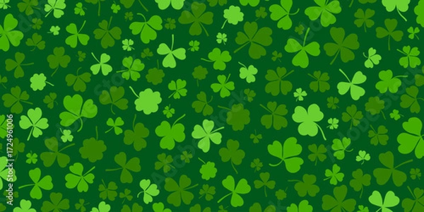 Fototapeta Shamrock or green clover leaves pattern background flat design vector illustration. St Patrick Day shamrock symbols decorative elements horizontal pattern texture.