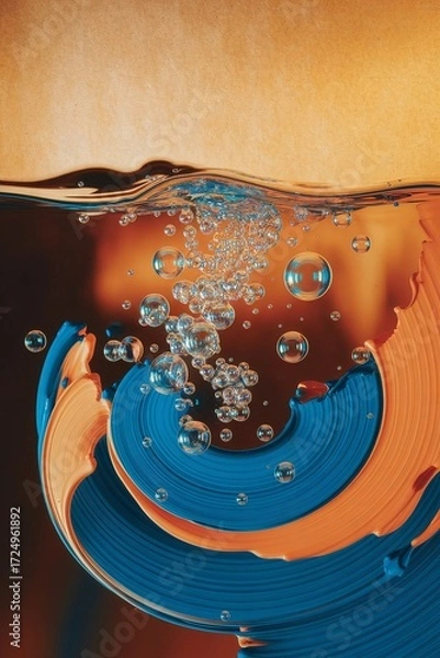 Fototapeta Bubbles rising in liquid abstract art with blue and orange colors.