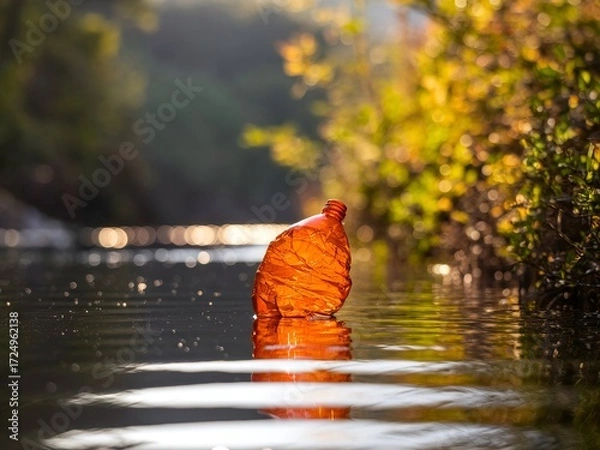 Fototapeta Autumnal leaf floats serenely on tranquil water surface reflecting vibrant colors.