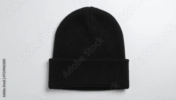 Fototapeta Black beanie hat on white background with fashion accessory.