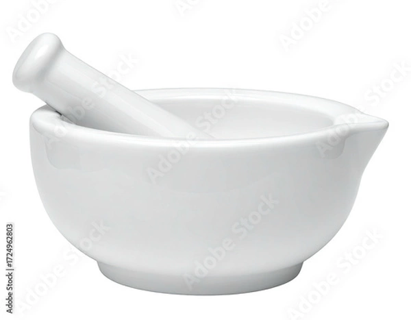 Fototapeta White ceramic mortar and pestle.  Small, round bowl with a pouring lip and a matching handle
