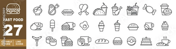 Fototapeta Fast food set of web icons in line style. Burger, bowl, steak, hotdog, chicken, taco, drink, fries, candy, donut, tea, ice cream, sandwich, egg, ice cream, cup, pie, coffee. Editable stroke icons