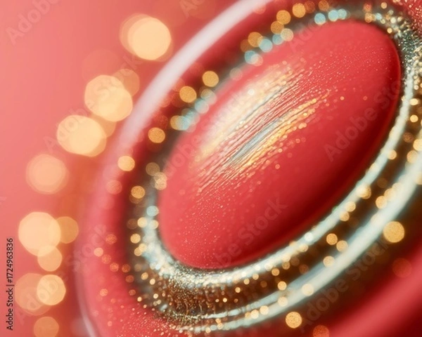 Fototapeta Closeup of a vibrant red lipstick with shimmering details and bokeh lights.