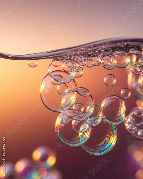 Fototapeta Closeup of soap bubbles floating in water with colorful reflections and a warm background.
