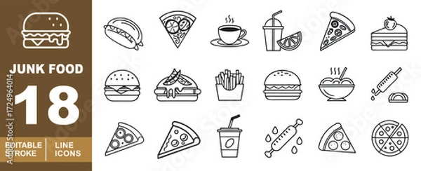 Fototapeta Junk Food set of web icons in line style. Burger, Hotdog, Pizza, Coffee, Drink, Slice, Cake, Burger, Fries, Burger, Noodles, Sauce, Slice, Slice, Cup, Squeeze, Pizza, Pizza and more. Editable stroke 