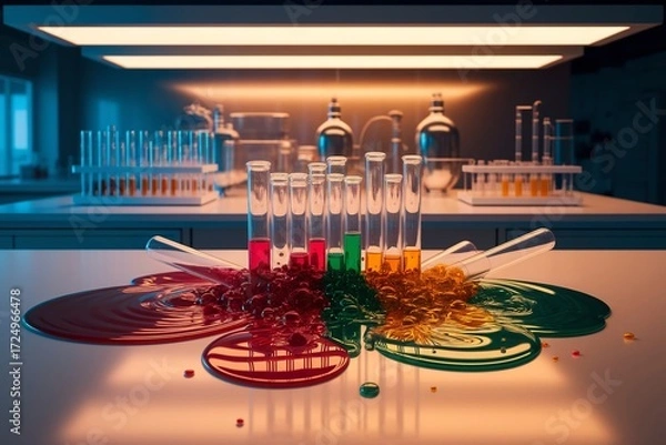 Fototapeta Colorful Chemical Spill in Laboratory with Test Tubes and Beakers.