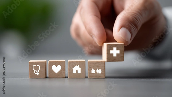 Fototapeta Hyper realistic close up of male hand placing wooden building blocks with glowing medical icons stethoscope heart hospital cross and family symbol symbolizing healthcare planning and insurance securit