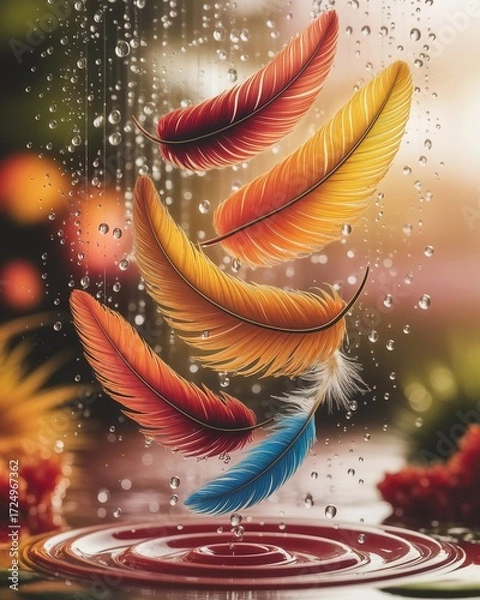 Fototapeta Colorful Feathers Floating Above Water with Droplets and Ripples.
