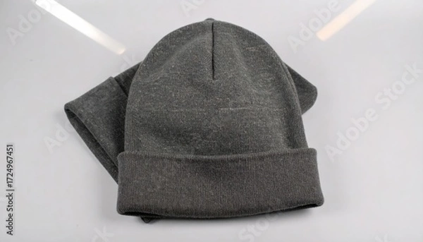 Fototapeta Gray Beanie Hat on White Winter Clothing with Warm, and Isolated Studio.