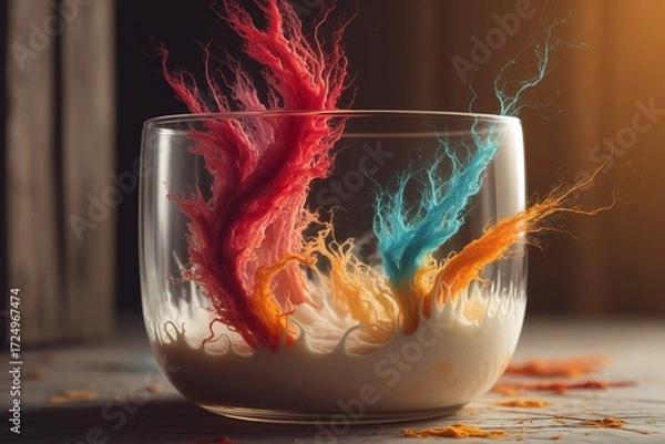 Fototapeta Colorful Feathery Arrangement in a Glass Bowl with Light.