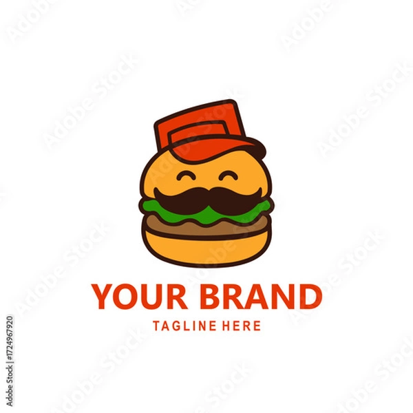 Fototapeta The burger logo mascot wears a red hat and has a cute and attractive mustache, suitable for branding your restaurant logo