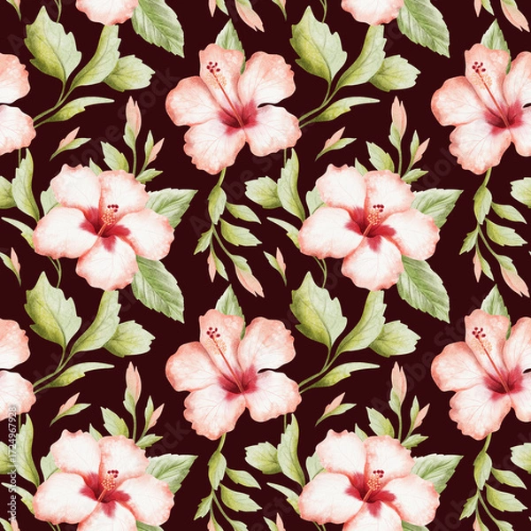 Obraz Dark hibiscus watercolor seamless pattern on brown black. Bright red white summer flowers and green leaves with buds on branches. Hand drawn repeat background with paradise blooming plants