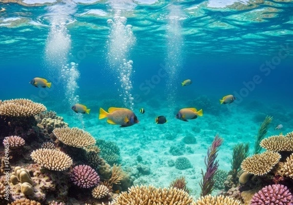 Fototapeta Wide angle view of beautiful underwater sea scene view with  fish in r in nature sea or ocean underwater