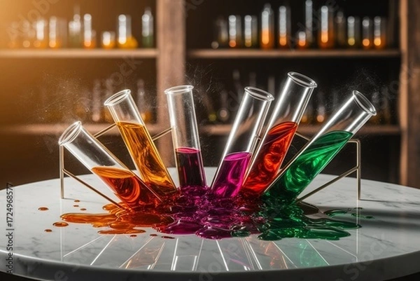 Fototapeta Colorful Liquids in Test Tubes on a Table.