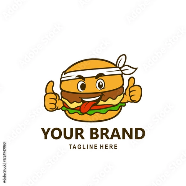 Fototapeta A cute cartoon burger mascot character with a headband, a smiling face, a sticking out tongue, and two thumbs up. This cute fast food illustration is perfect for logos, stickers, restaurant branding, 