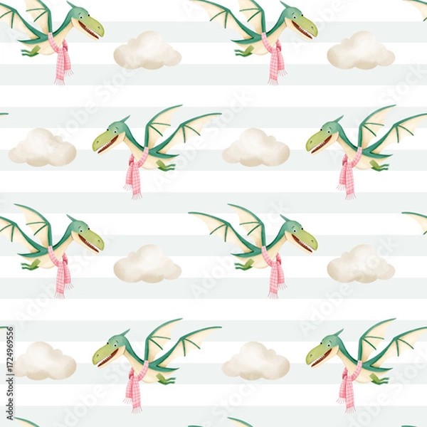 Fototapeta Seamless pattern with cute pterodactyl in a scarf and clouds. Watercolor baby dinosaurs background.