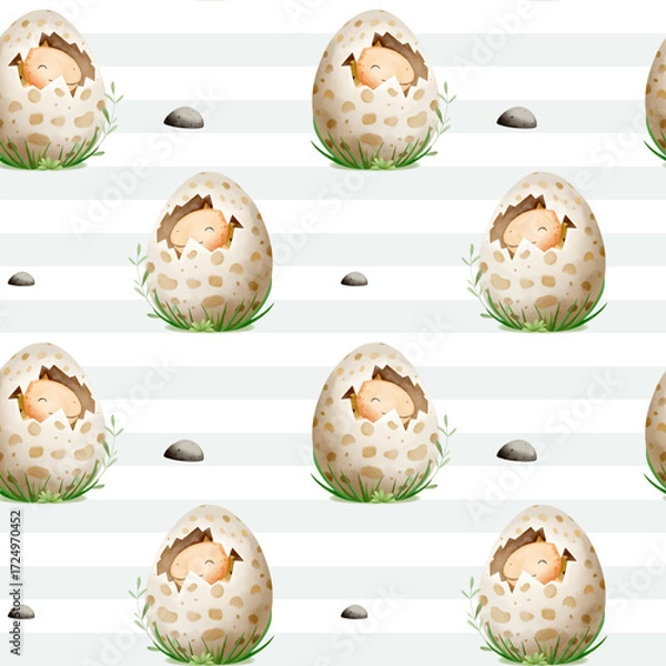 Fototapeta Seamless pattern with dinosaur eggs. Watercolor lovely dinosaurs inside shells. Dinosaur background.