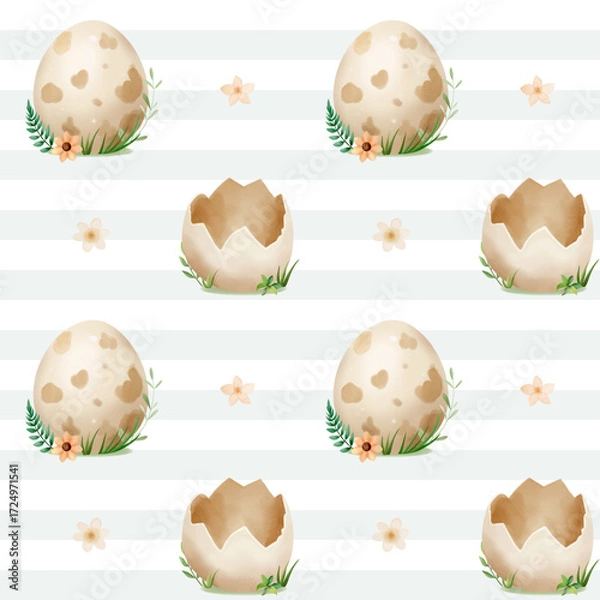 Fototapeta Seamless pattern with animal eggs in the wild and flowers. Dinosaur eggs background.