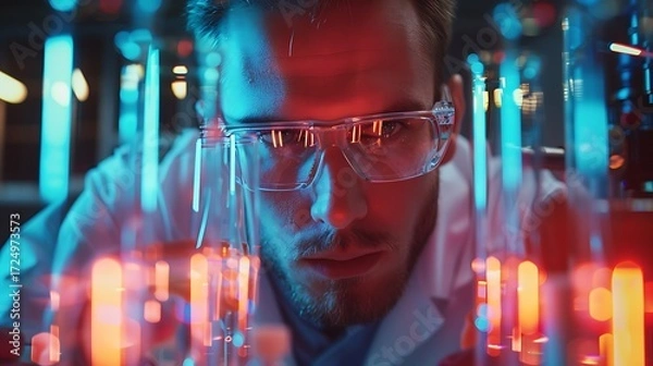 Obraz Scientist Analyzing Test Tubes in a Laboratory Setting