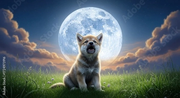 Fototapeta Shiba inu puppy howling at the full moon in a grassy field at night