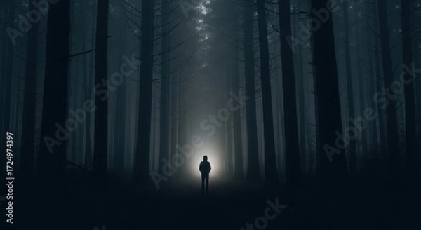 Fototapeta Silhouette of a person standing in a dark, foggy forest with light behind them