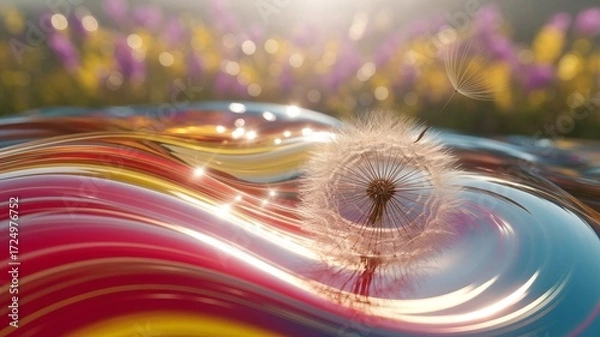 Fototapeta Dandelion seed head floating on colorful liquid surface with blurred background.