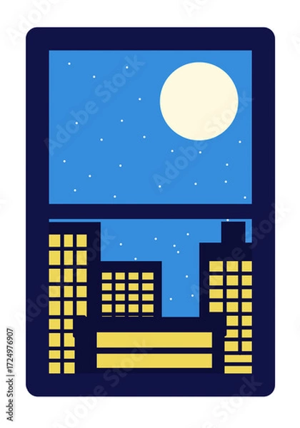 Obraz Vibrant Night City Lights and Bright Full Moon through Window