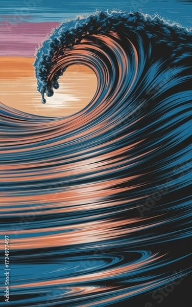 Fototapeta Dramatic Ocean Wave Crashing with Sunset Colors and Textured Surface.
