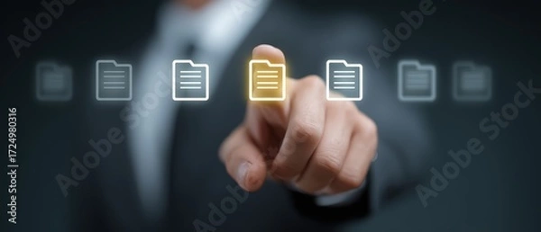 Fototapeta Business Professional Selecting Document from Digital Files on Touchscreen Interface in Modern Office Environment