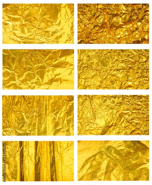 Fototapeta Set collection or collage of shiny yellow gold foil crumpled texture background
