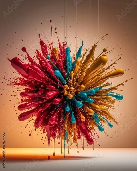Fototapeta Explosive Burst of Colorful Paint Splatters on Neutral Background.